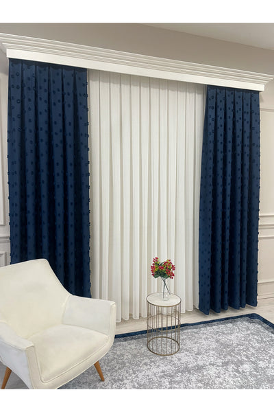 Blue Children's Room Pompom Puffy Blackout Curtain 1/3 Dense Pleating