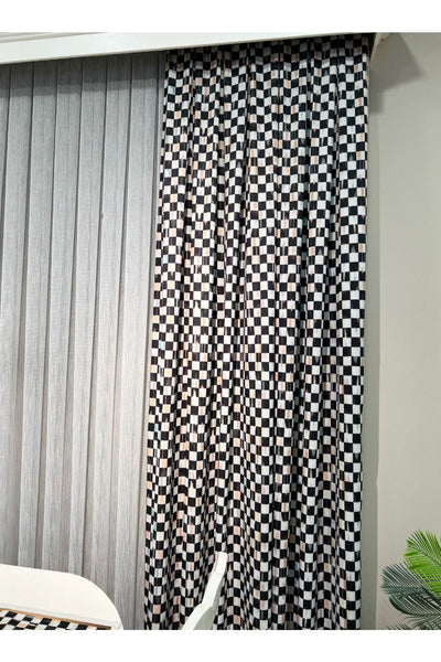 1/3 Dense Pleated Checkered Curtain Panel - Blue