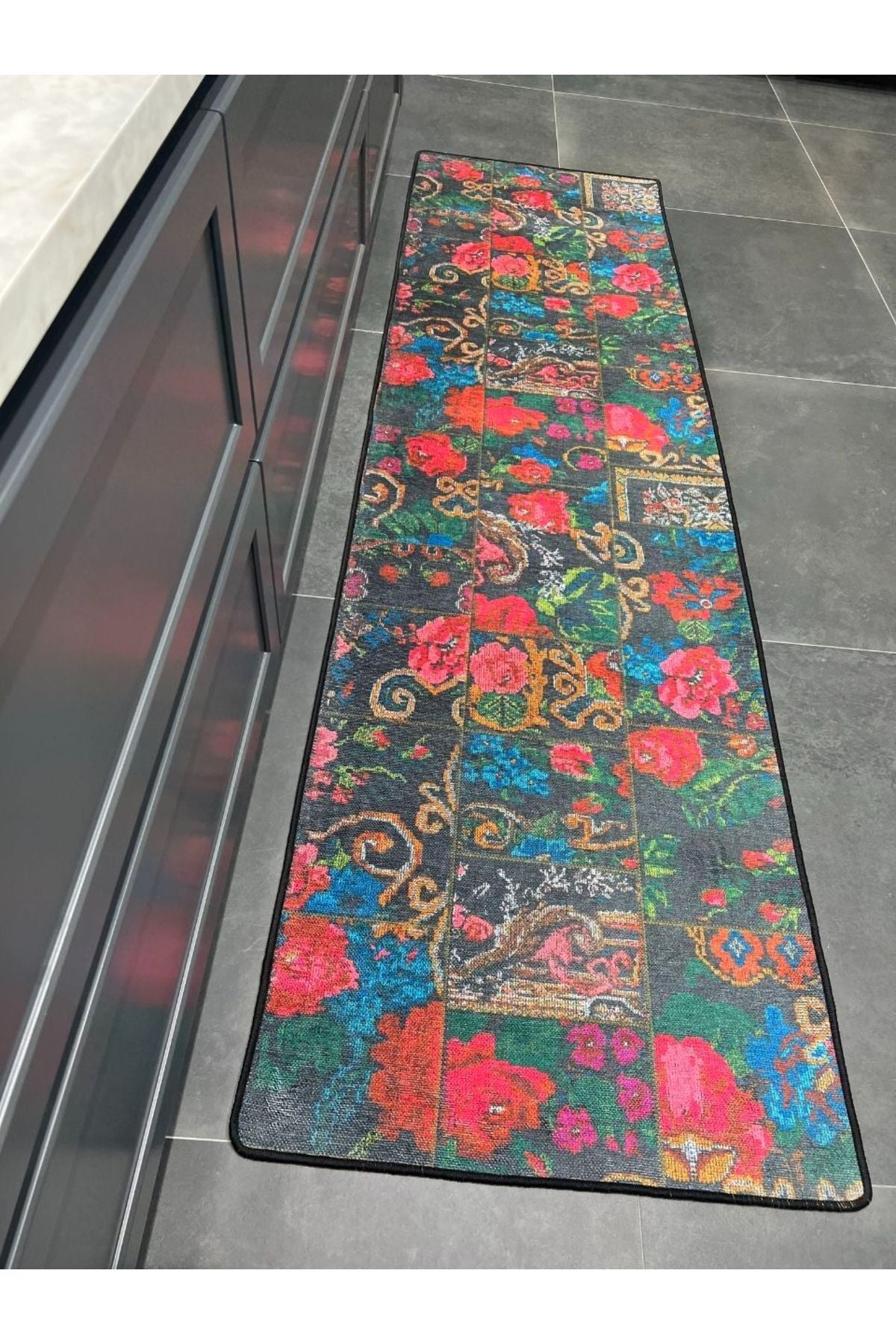 Patchwork Patterned Runner Kitchen Rug, Woven Base Rug