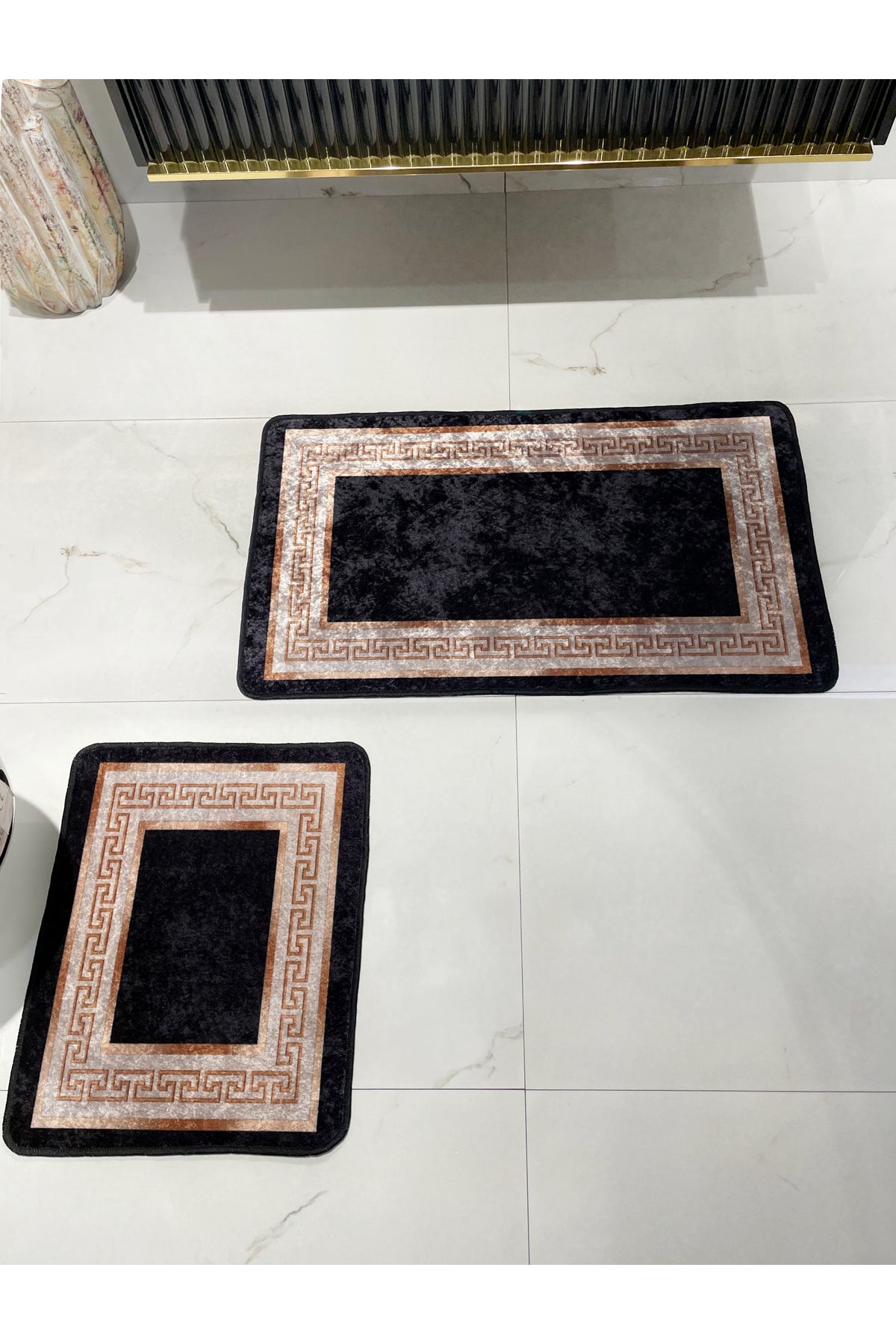 Bordered Patterned 2-Piece Latex Leather-Backed Bathroom Mat Set (60X100 - 60X50) Black