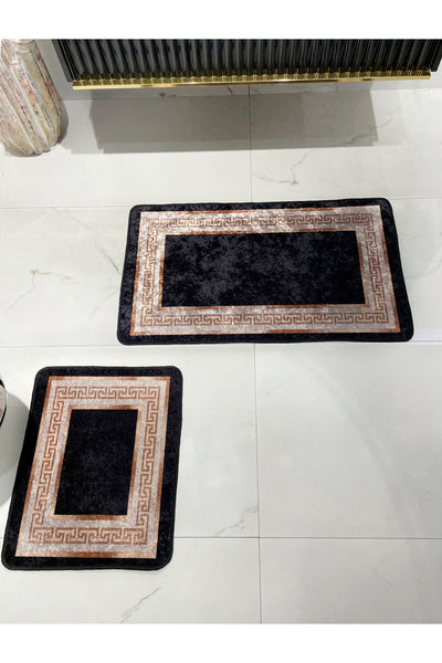 Bordered Patterned 2-Piece Latex Leather-Backed Bathroom Mat Set (60X100 - 60X50) Black