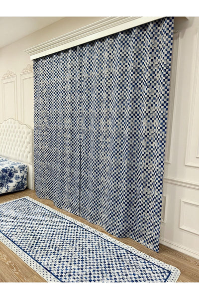 No-Pleat Extra-Reinforced Checkered Blackout Curtain - Blue
