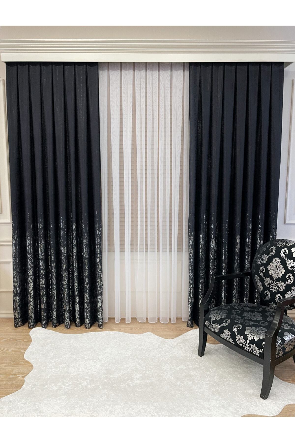 Jacquard Ground Foil Print 1/3 Dense Pleat Blackout Curtain - Beige - Gold Foil