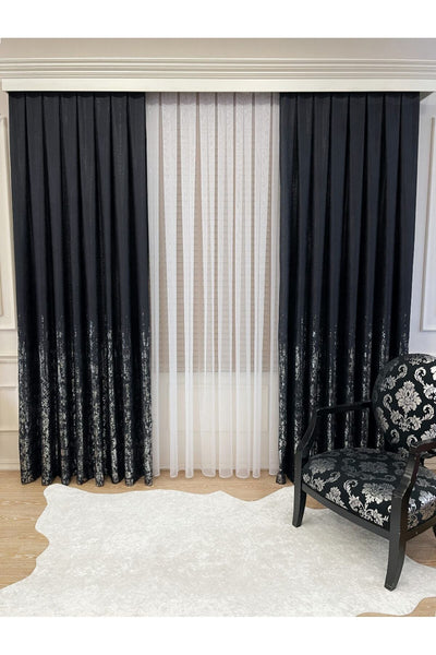 Jacquard Ground Foil Print 1/3 Dense Pleat Blackout Curtain - Beige - Gold Foil