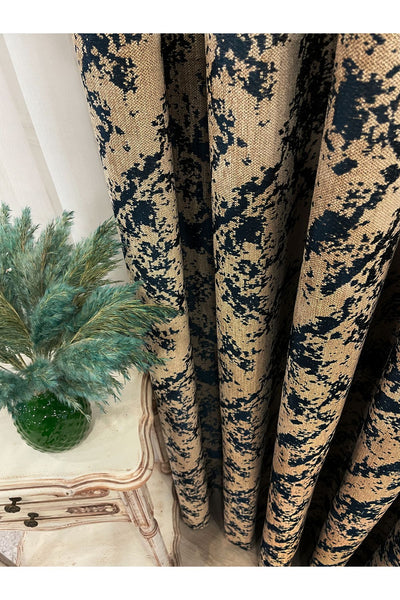 Brown-Navy Blue Chenille Pattern Jacquard 1/3 Dense Pleated Jacquard Blackout Curtain