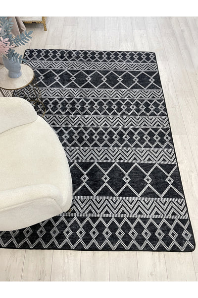 Gray Black Scandinavian Style Kilim Pattern Runner Latex Rug