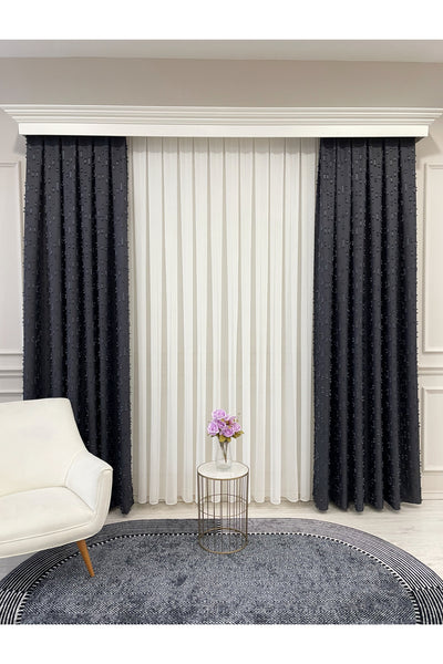 Indigo Blue Pompom Puffy Blackout Curtain 1/3 Dense Pleat