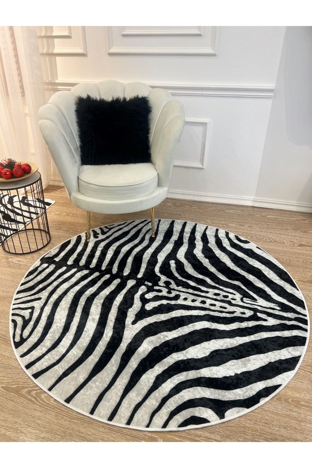 Zebra Print Round Black - Gray Decorative Rug