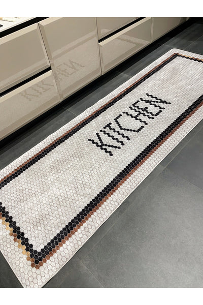 Kitchen Honeycomb Ecru Kitchen Runner Rug