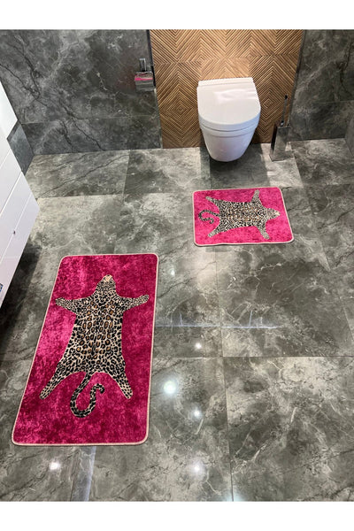Set of 2 Leopard Print 60x100 - 60x50 Bathroom Rugs - Fuchsia