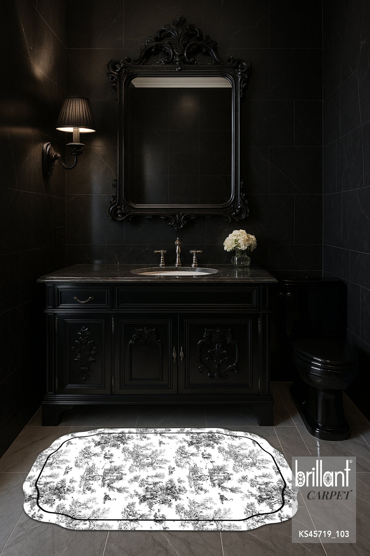 Toile de Jouy Themed Single Latex Base Bathroom Mat (80X120)