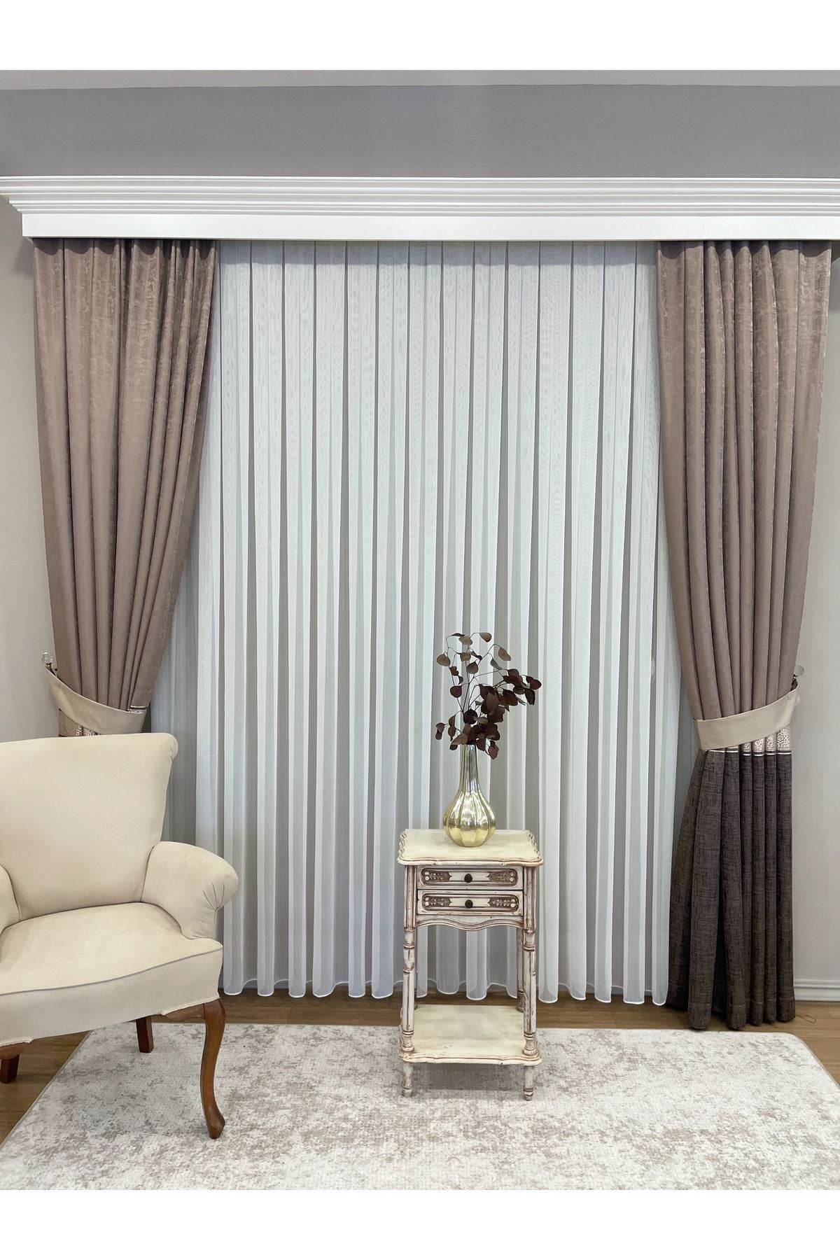 Ecru Self-Striped 1/3 Dense Pleated Sheer Curtain