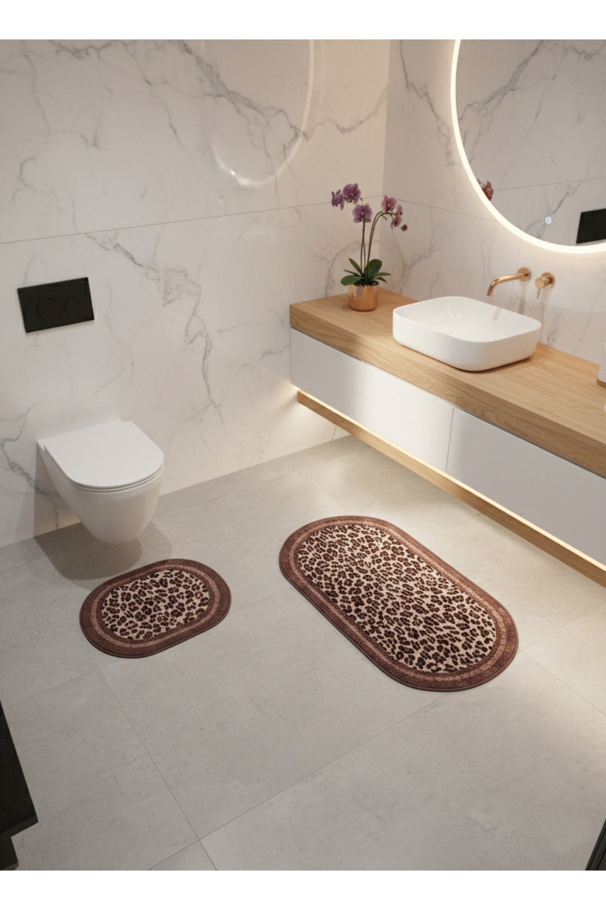 Lepoar Patterned 2-Piece Leather Base Oval Bathroom Mat (60x100 - 60x50)