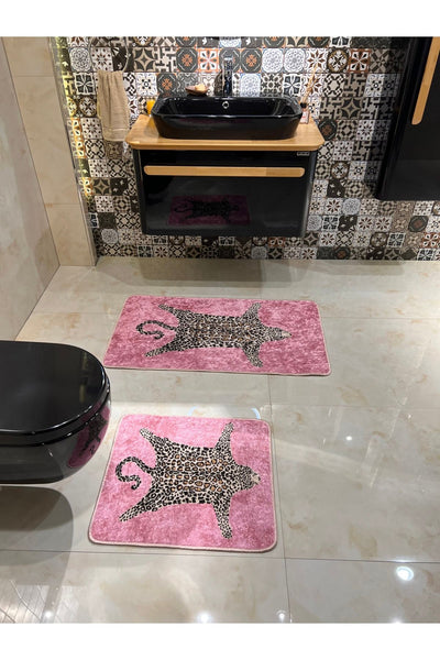 Set of 2 Leopard Print 60x100 - 60x50 Bathroom Rugs - Fuchsia