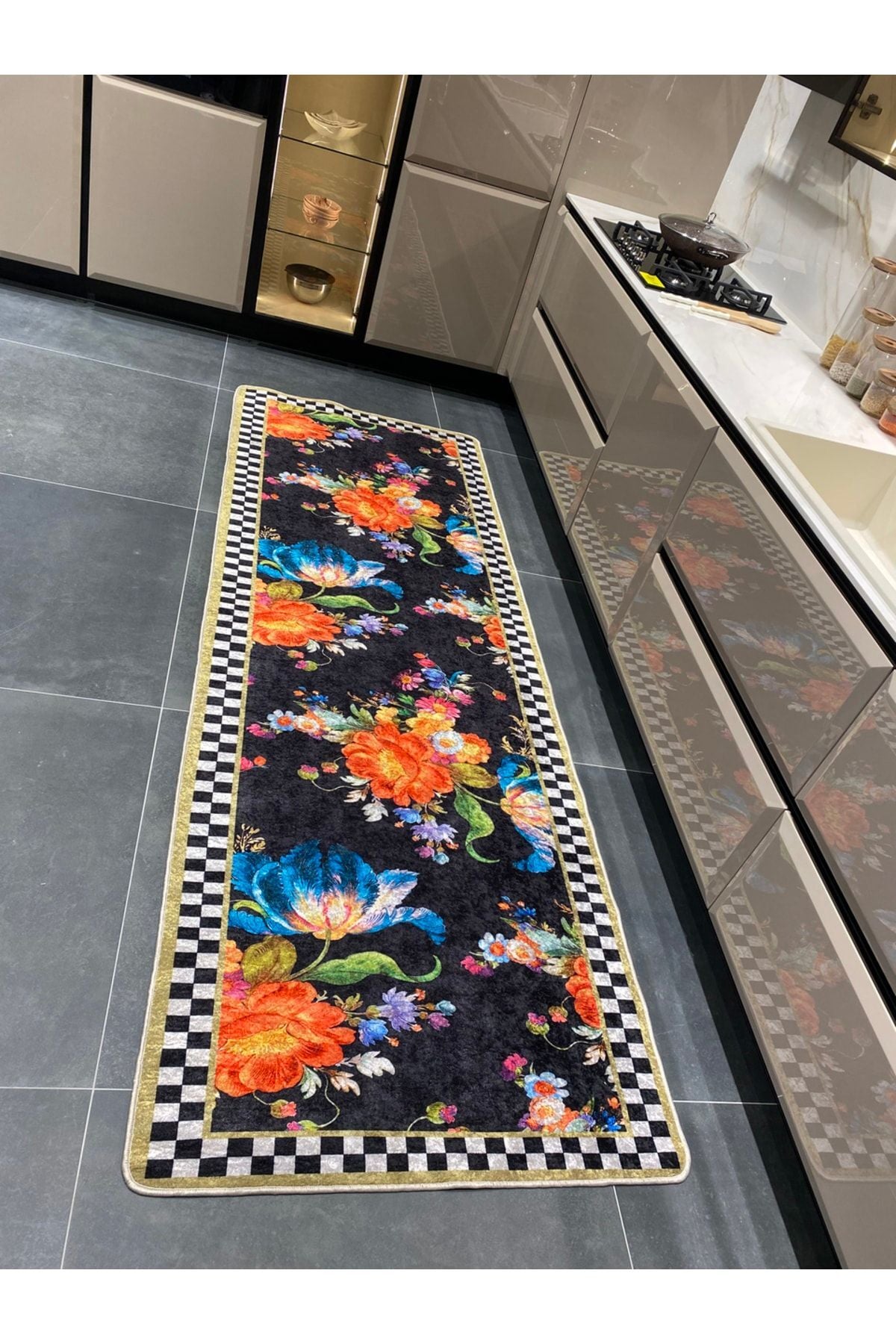 Floral Checkered Latex-Backed Fringe-Free Runner Kitchen Rug