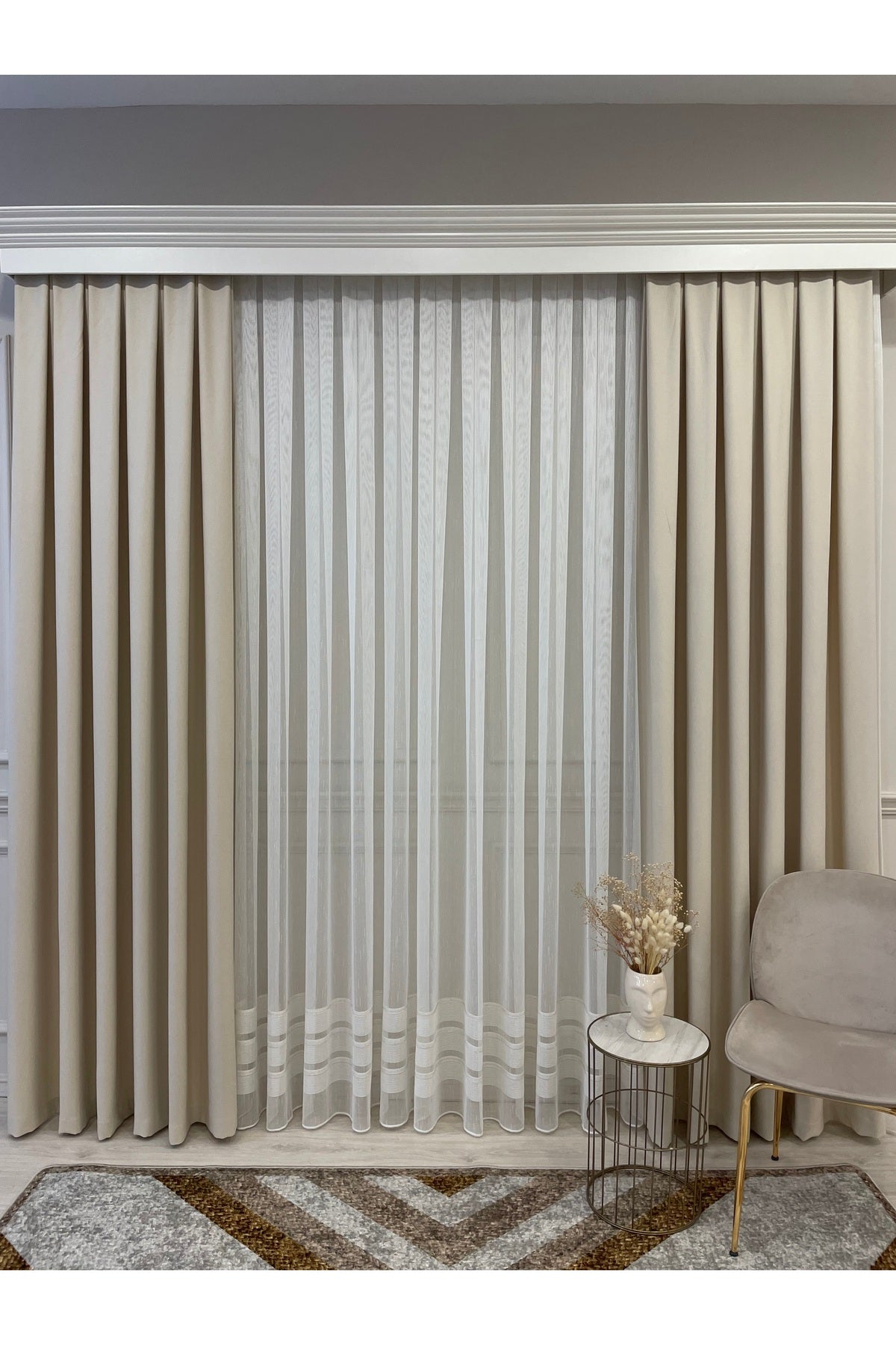 Modern Shantung Banded 1/3 Dense Pleat - Ecru/Gray Sheer Curtain