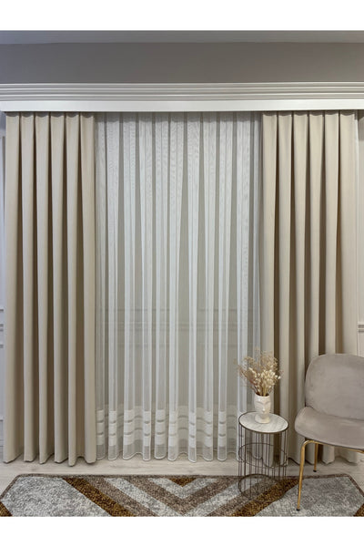 Modern Shantung Banded 1/3 Dense Pleat - Ecru/Gray Sheer Curtain