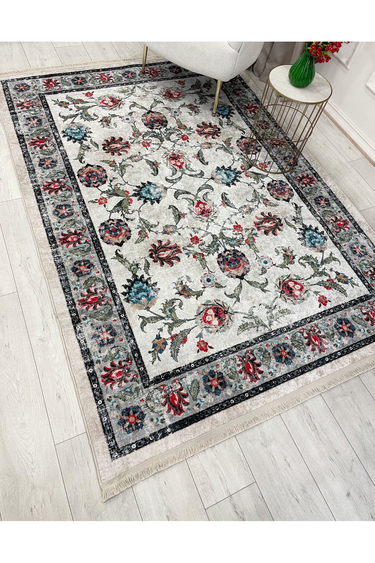 BEIGE-BLUE Traditional Distressed FRINGED Classic Non-Slip Base Rug