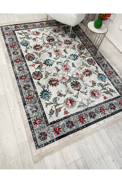 BEIGE-BLUE Traditional Distressed FRINGED Classic Non-Slip Base Rug