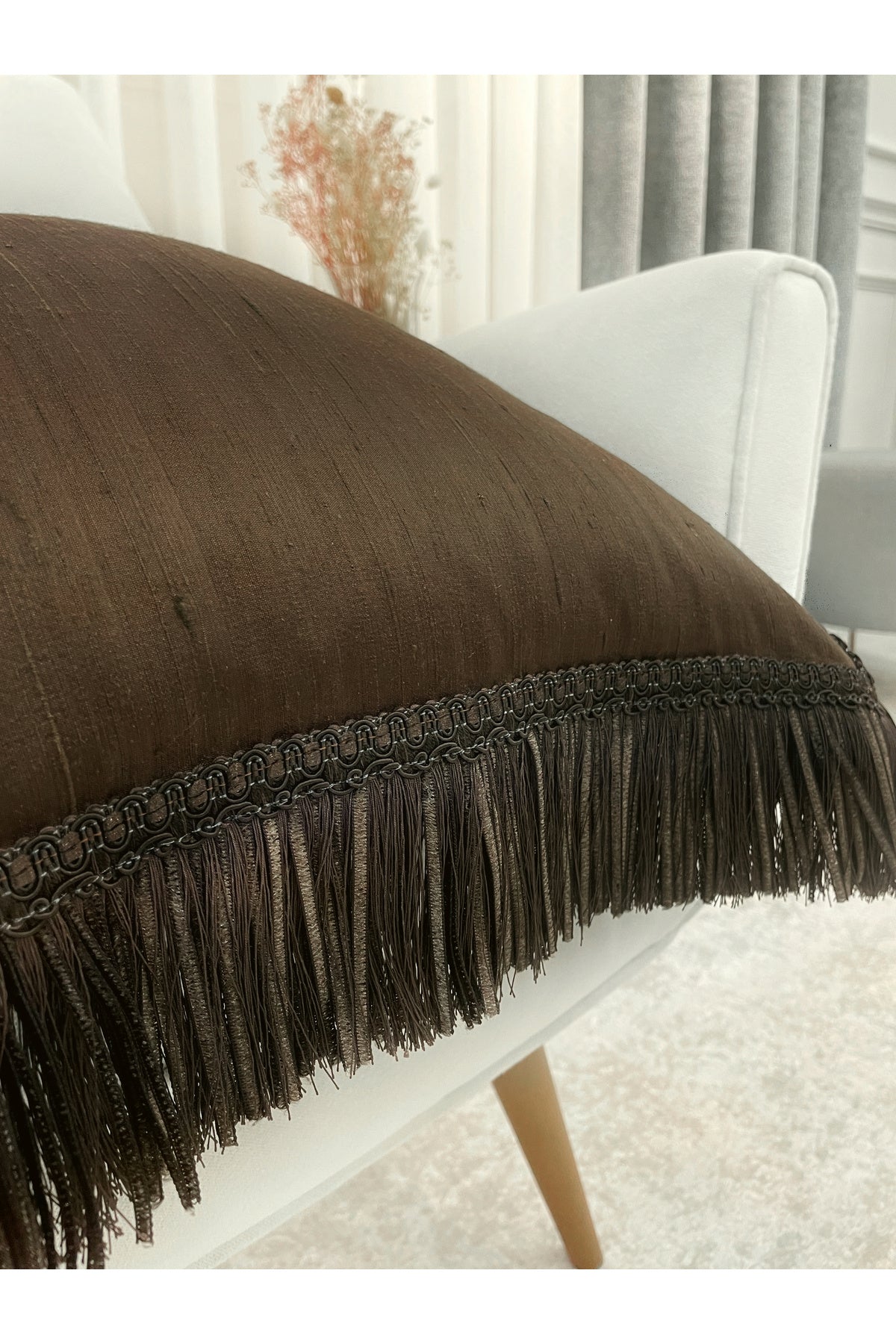 DARK BROWN Color Tasseled - Silk Taffeta Throw Pillow Cover (45x45)