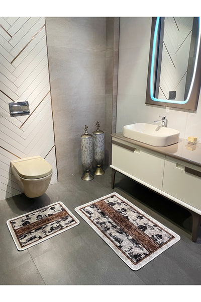 2 li Kahverengi 60x100 - 60x50 Country Desenli Lateks Taban Banyo Paspas