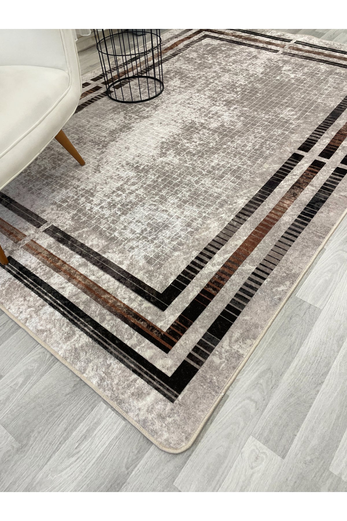 BEIGE Striped Bordered Non-Slip Base Framed Rug