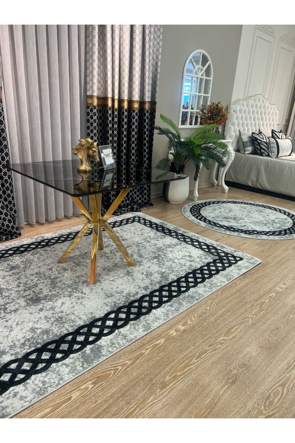 Chain Patterned Gray - Black Decorative Rug