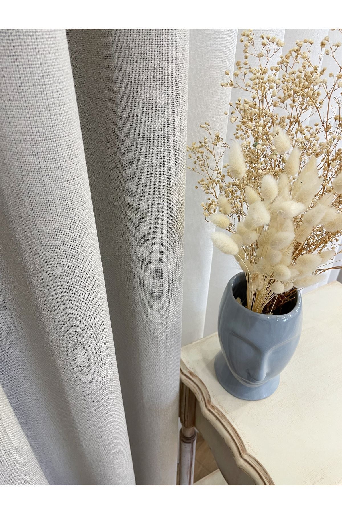 Stone Grey 1/3 Tight Pleat Linen-Look Blackout Curtain