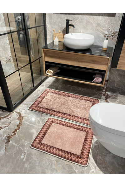 Mint Green - Zigzag Patterned Leather Base 2-Piece Bath Mat Set (60x100 - 60x50)