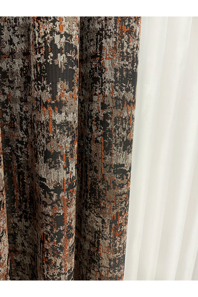 Orange - Brown Abstract Pattern 1/3 Tight Pleat Jacquard Woven Blackout Curtain