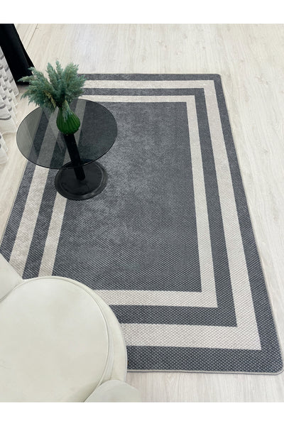 Gray Wicker-Look Bordered Latex Leather Base Rug