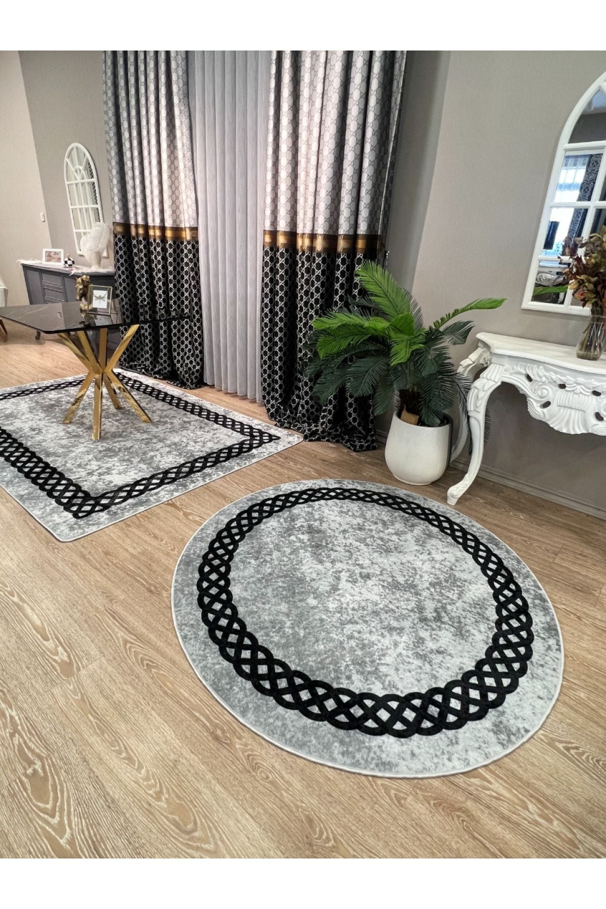 Chain Patterned Gray - Black Decorative Rug