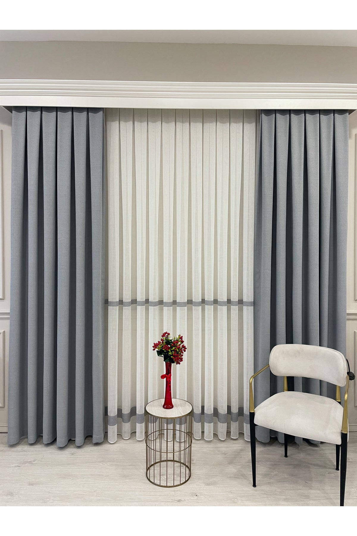 Linen-Look Banded 1/3 Dense Pleated - Ecru/Grey Sheer Curtain