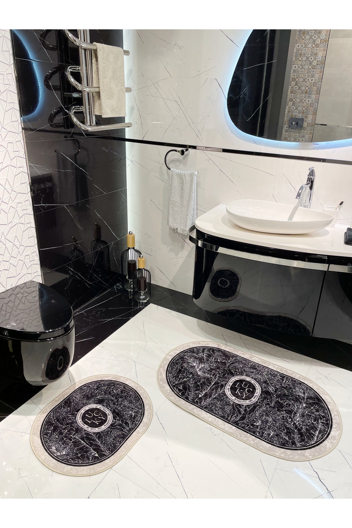 2-Piece Floral Pattern 60x100 - 60x50 Lucky Latex-Backed Bath Mat Set