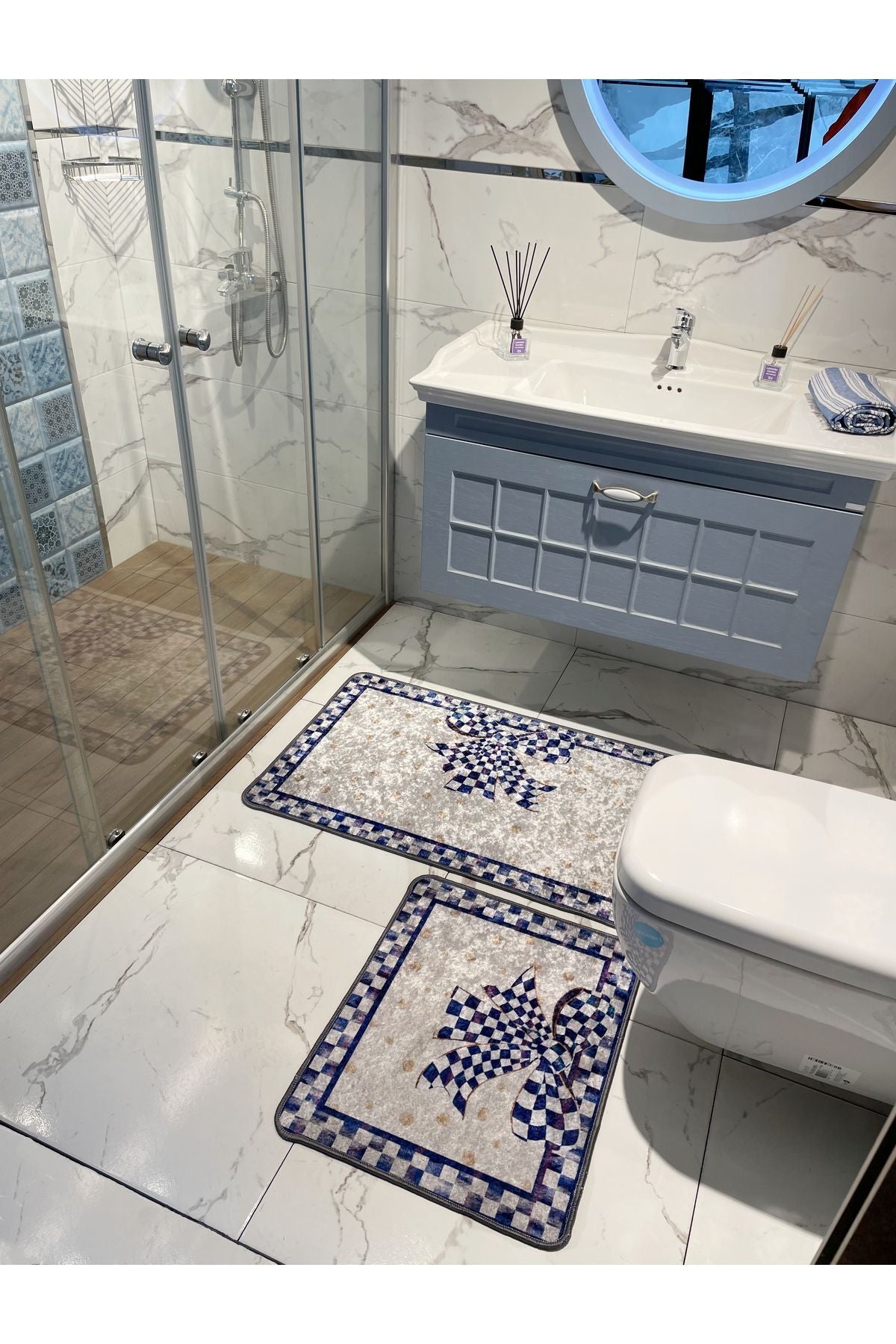 Damalı Kurdela Desenli Banyo Paspası 60X100 - 60X50 - BEJ-SİYAH