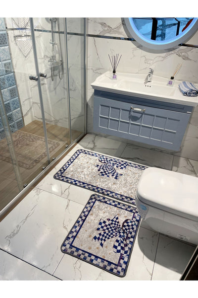 Damalı Kurdela Desenli Banyo Paspası 60X100 - 60X50 - BEJ-SİYAH