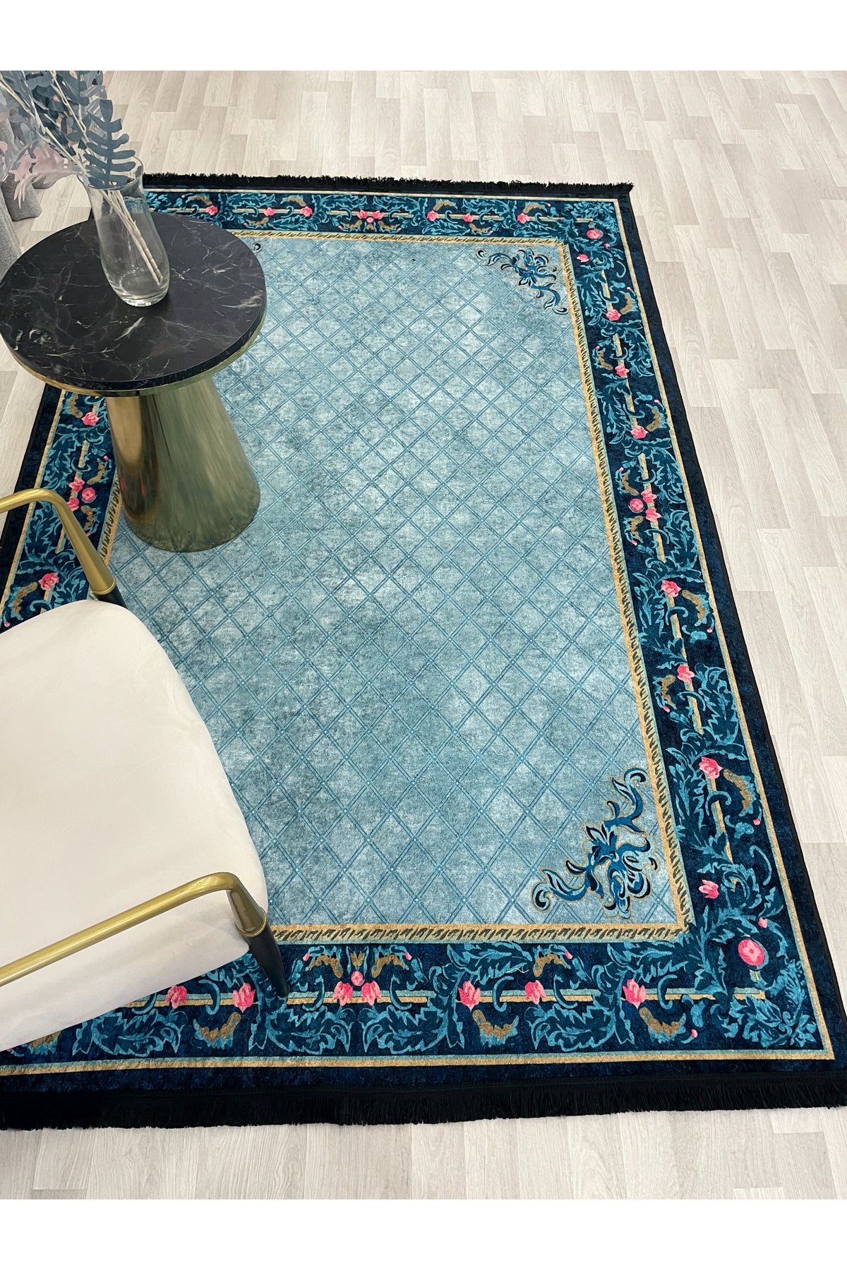 Floral Bordered Navy Blue Latex Leather-Backed Rug