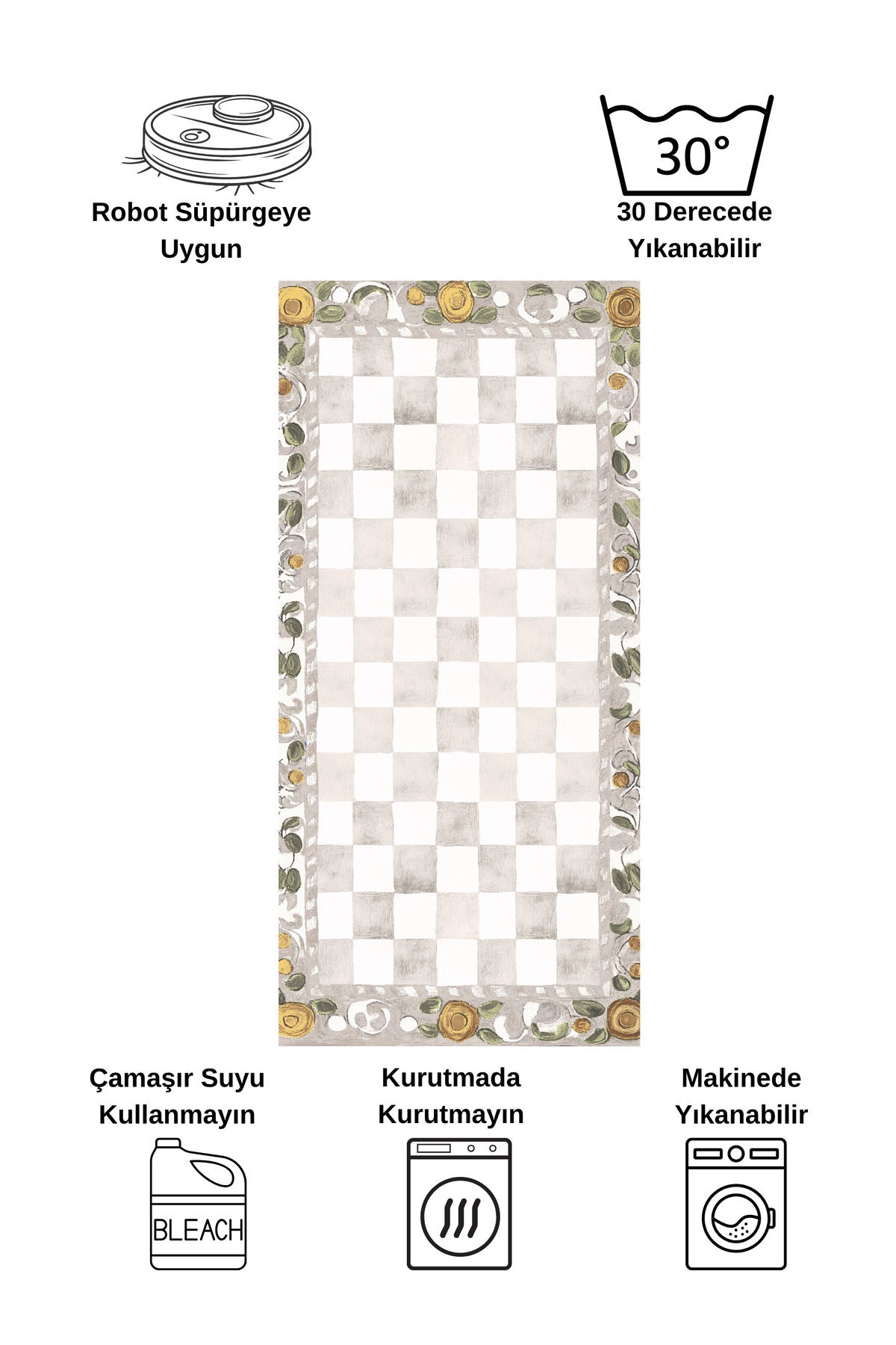 Beige Orange Checkered Pattern Non-Slip Base Kitchen Rug