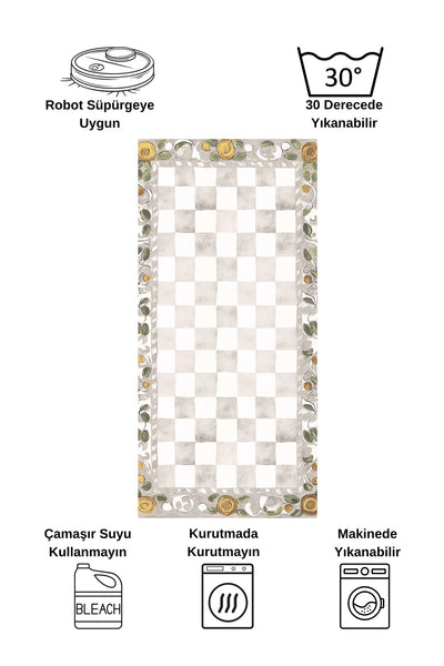 Beige Orange Checkered Pattern Non-Slip Base Kitchen Rug