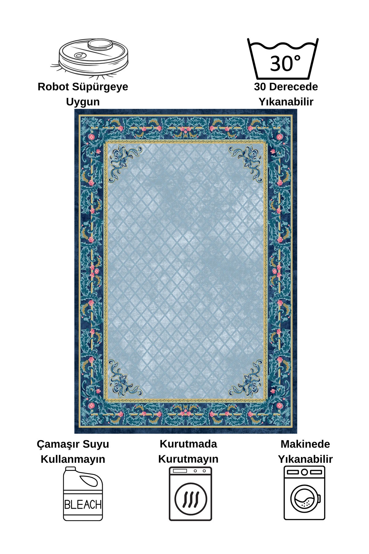 Floral Bordered Navy Blue Latex Leather-Backed Rug