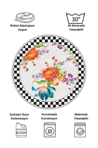 Gray Floral Checkered Round Latex Base Fringeless Rug