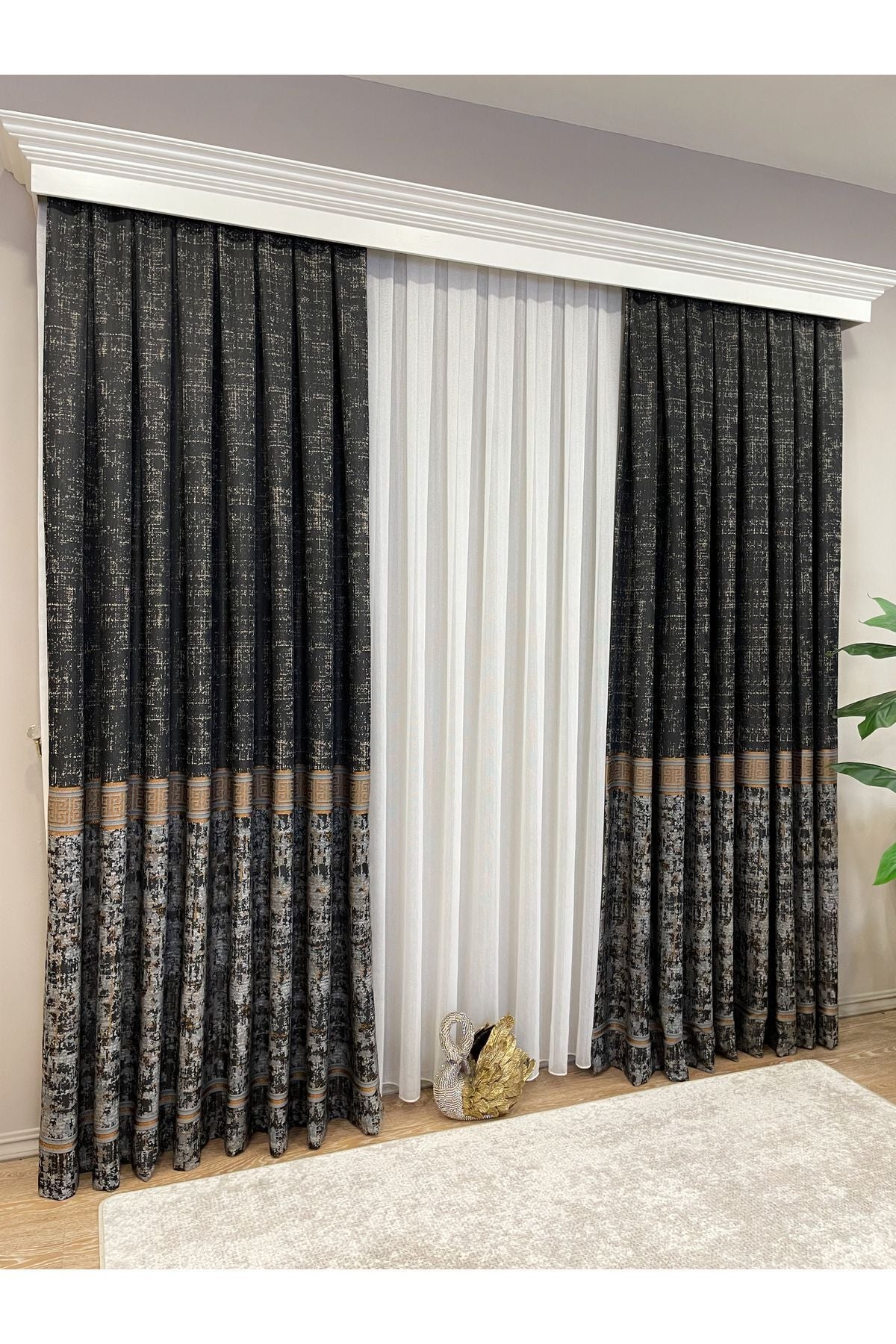 Gray Anthracite Bordered Pattern 1/3 Tight Pleat Jacquard Woven Blackout Curtain