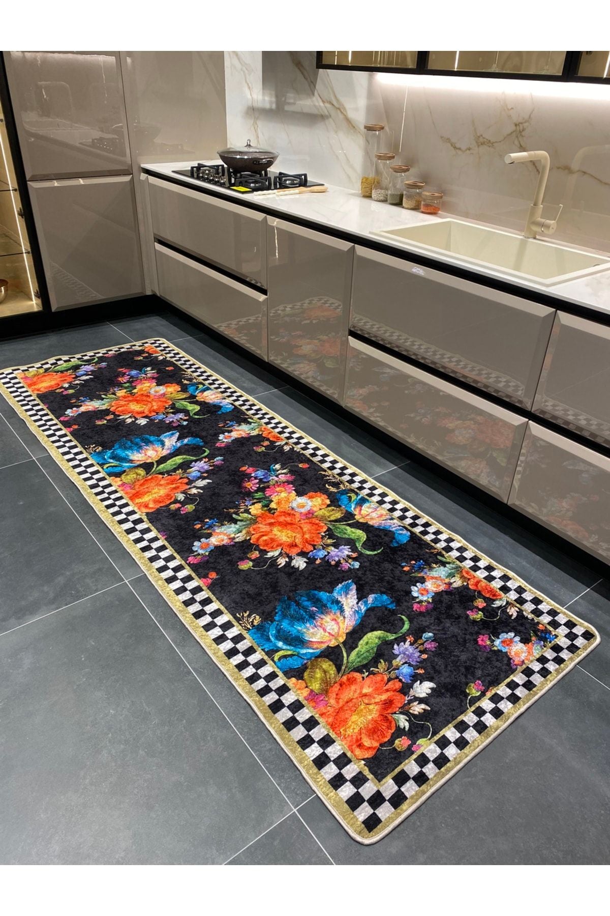 Floral Checkered Latex-Backed Fringe-Free Runner Kitchen Rug
