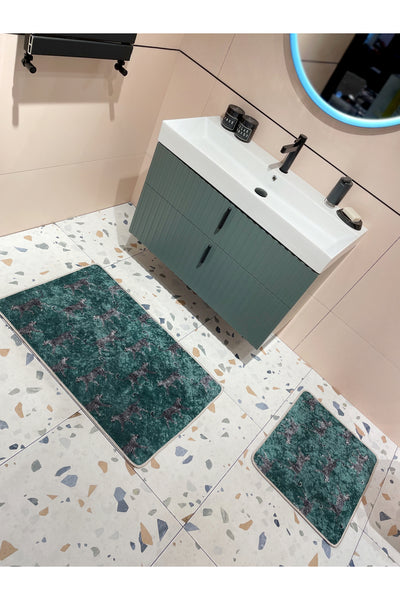 Set of 2 Latex Leather-Backed Bathroom Rug Set (60X100 - 60X50) Dark Gray