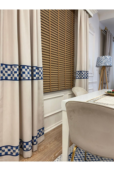 No-Pleat Extra-Reinforced Checkered Blackout Curtain - Beige-Blue