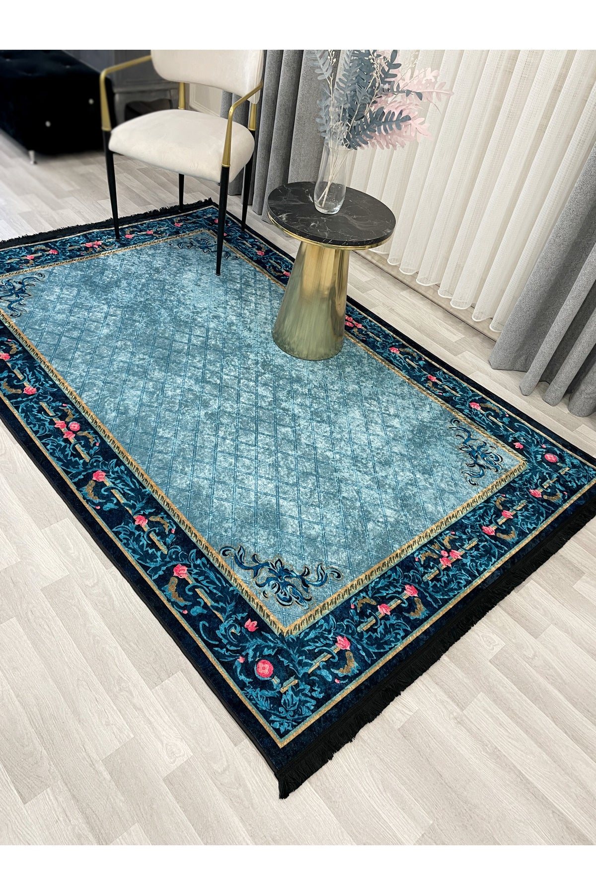 Floral Bordered Navy Blue Latex Leather-Backed Rug