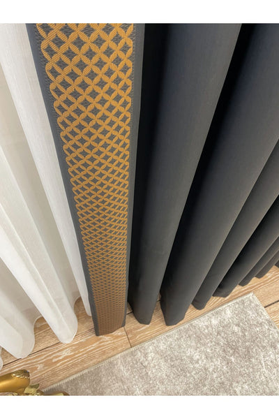 Panel Pattern Jacquard 1/3 Dense Pleat Blackout Curtain - Anthracite Gray - Gold Border