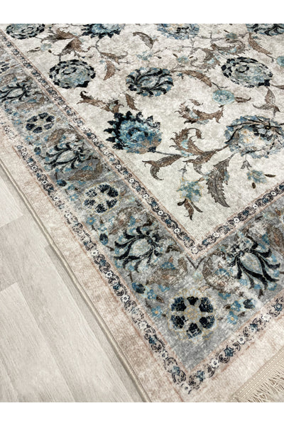 BEIGE-BLUE Traditional Distressed FRINGED Classic Non-Slip Base Rug