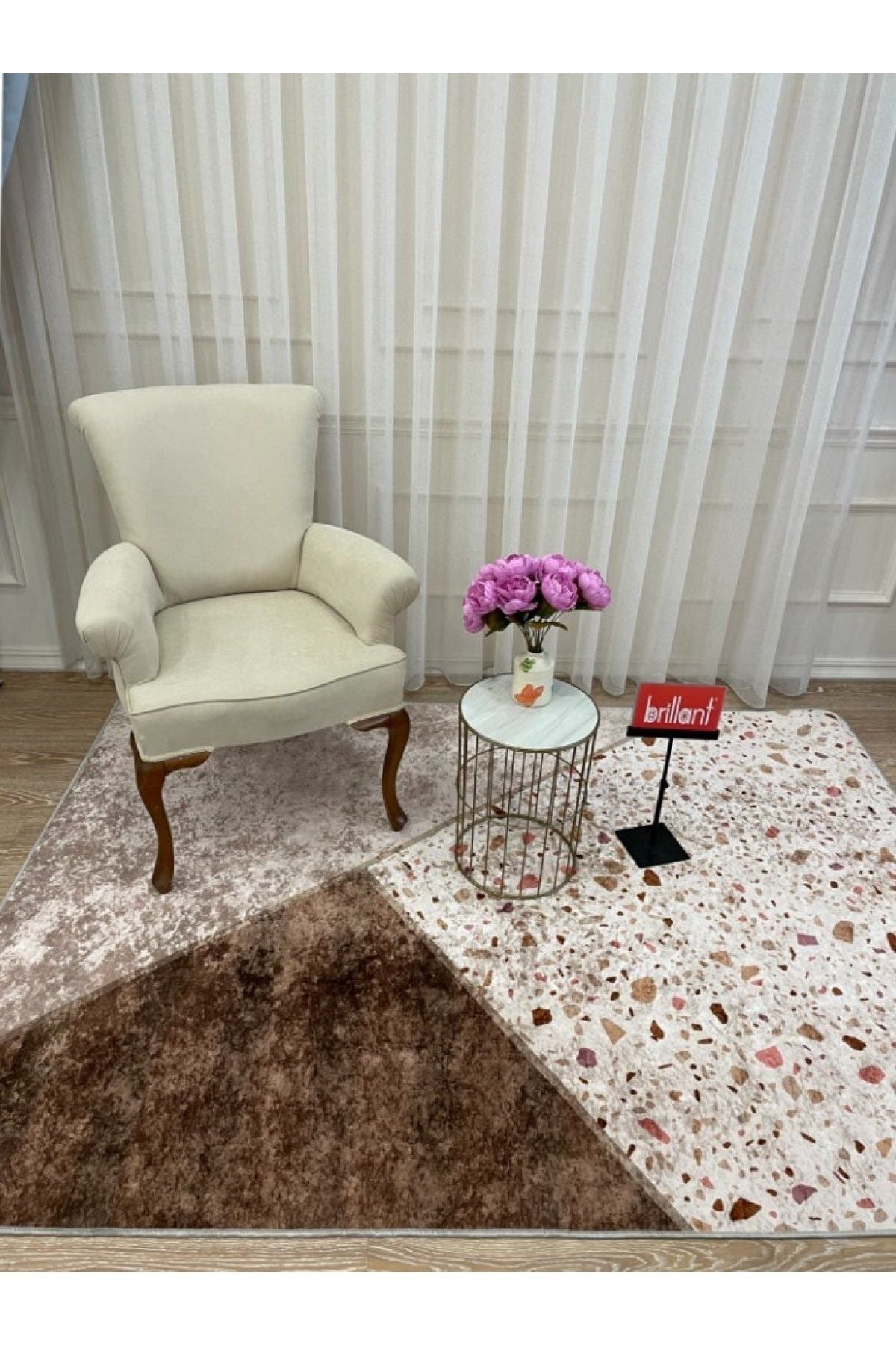 Çizgili Desen Leke Tutmaz Kaymaz Taban Salon Mutfak Halısı - Kahverengi