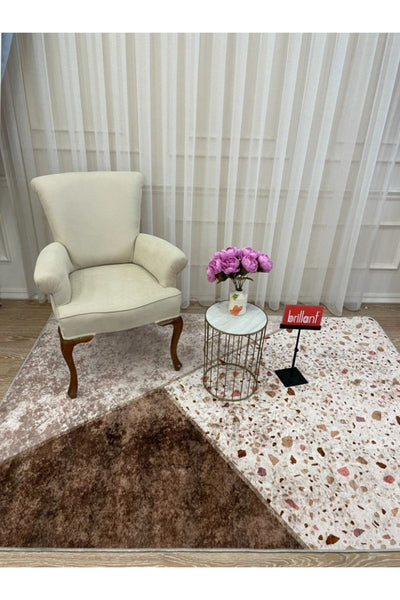 Çizgili Desen Leke Tutmaz Kaymaz Taban Salon Mutfak Halısı - Kahverengi